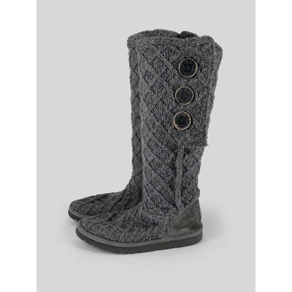 UGG Lattice Cardy Tall Knit Boots Womens 9 Grey Cable Knit Button